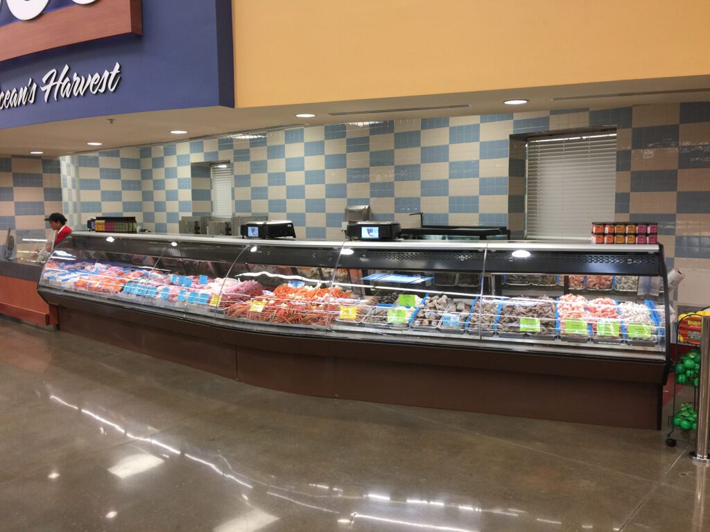 Seafood counter display in the Jacksonville Naval Air Station Commissary in Jacksonville Florida