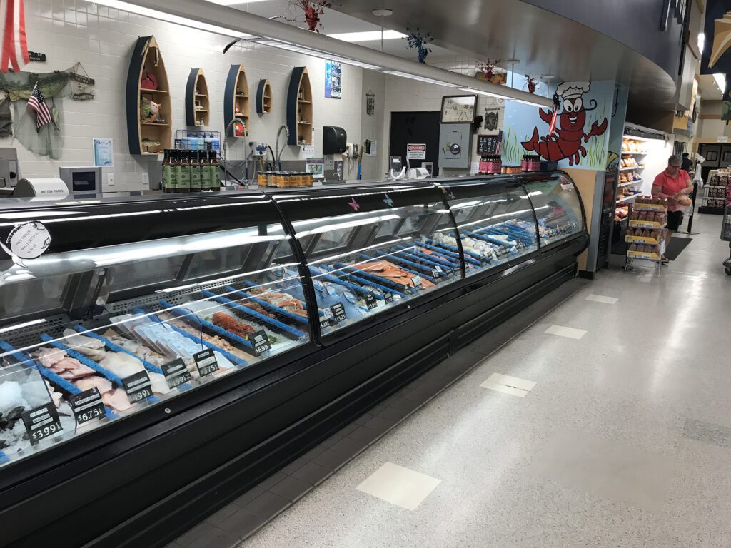 Seafood counter display in the MacDill Air Force Base commissary in Tampa Florida